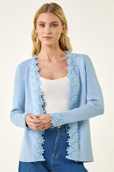 Roman Light Blue Lace Trim Knit Cardigan