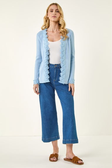 Roman Light Blue Lace Trim Knit Cardigan