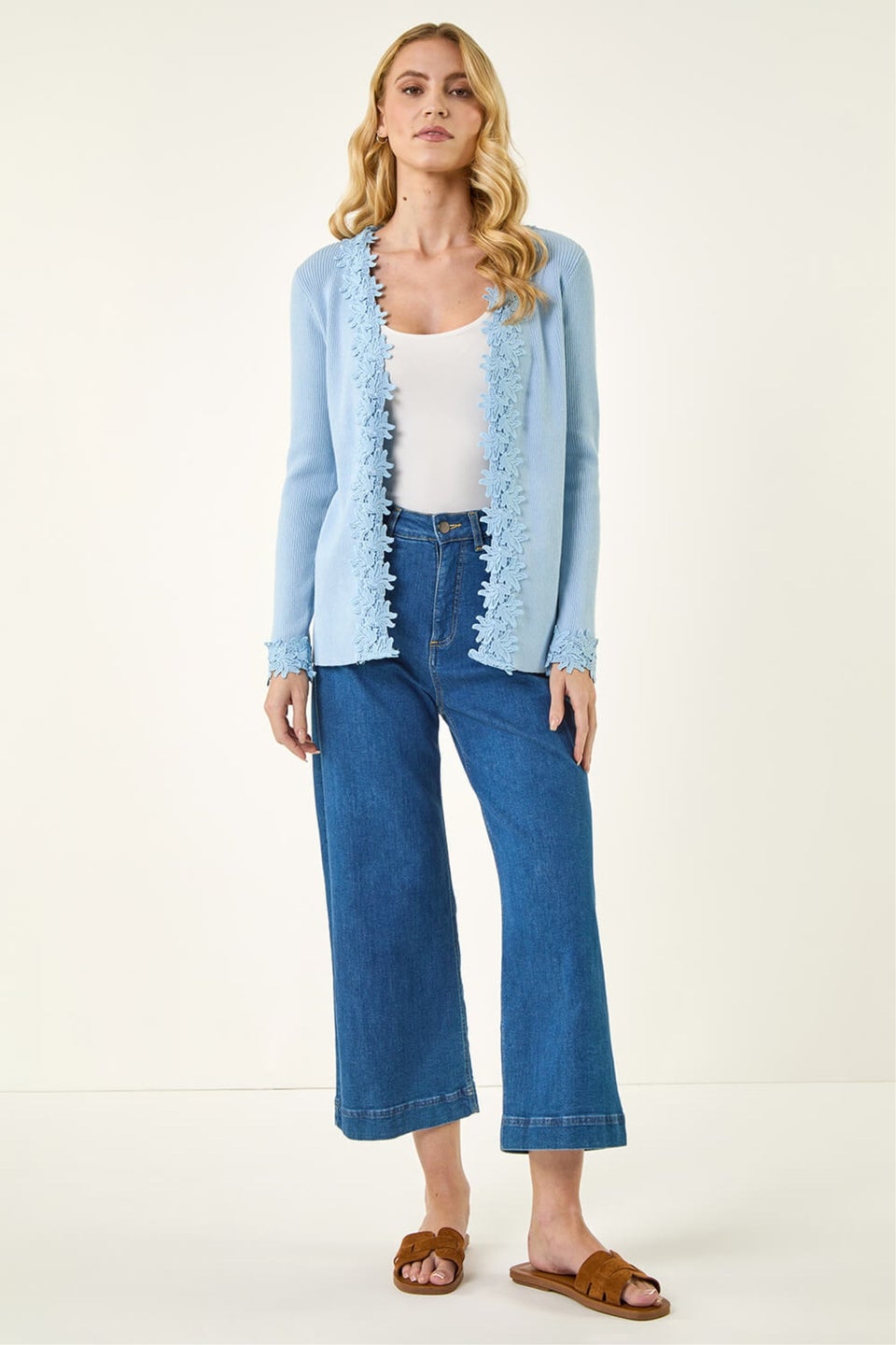 Roman Light Blue Lace Trim Knit Cardigan