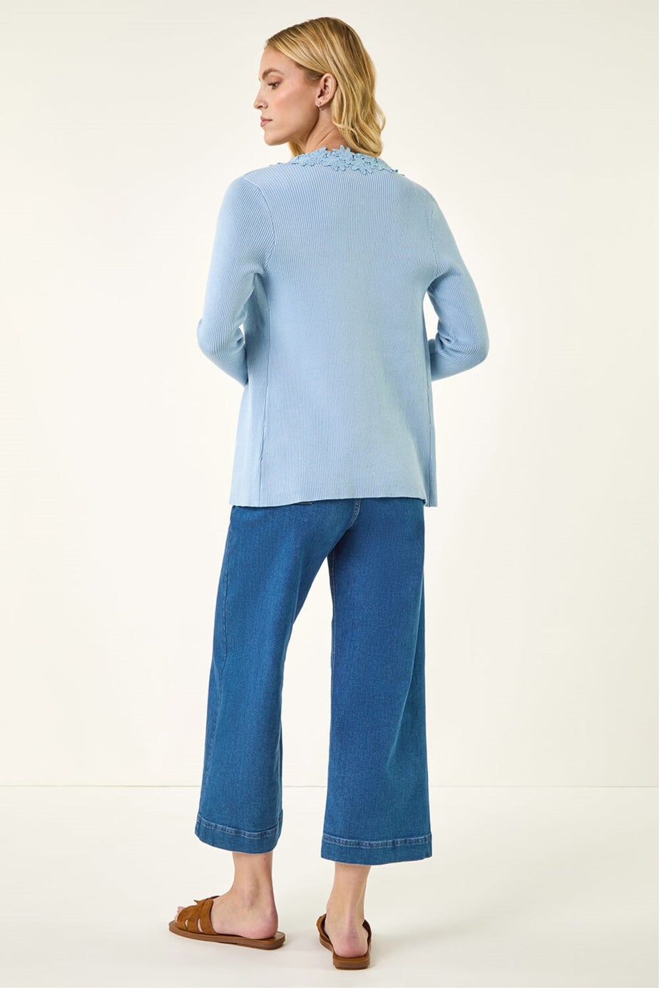 Roman Light Blue Lace Trim Knit Cardigan