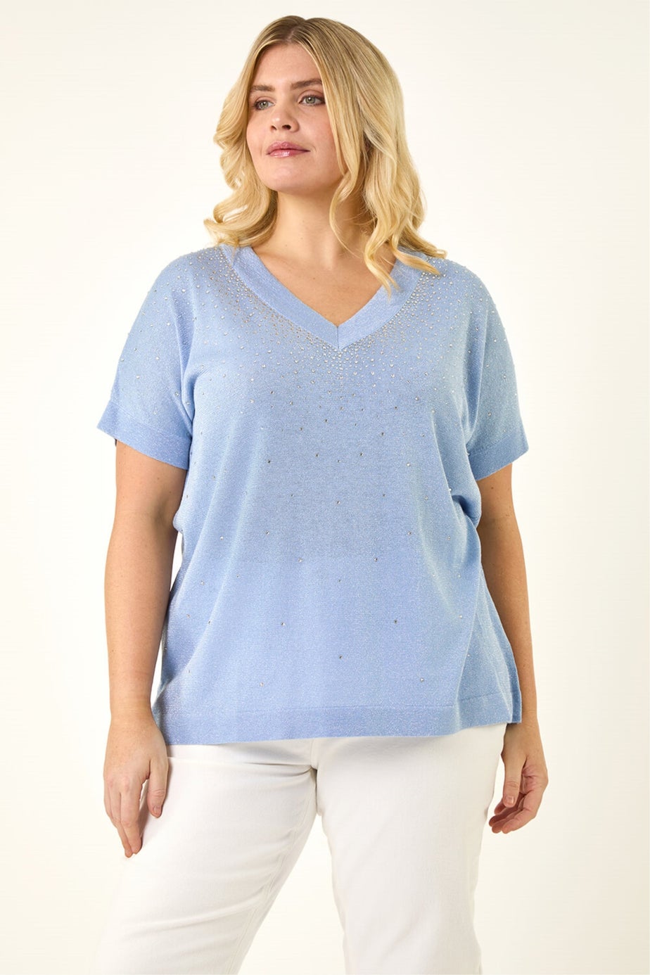 Roman Light Blue Curve Shimmer Hotfix Knit Top