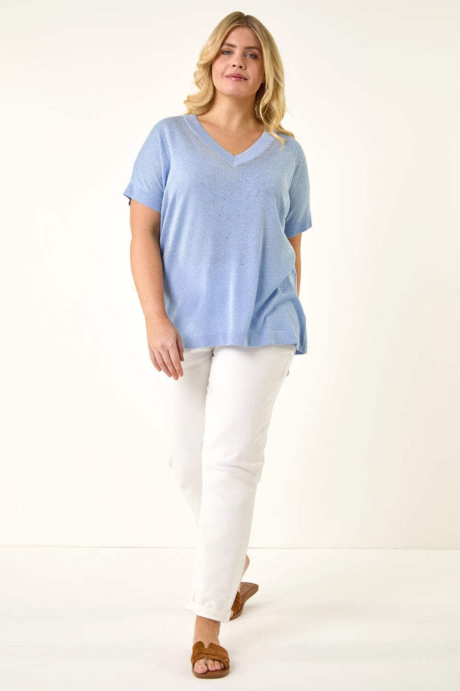 Roman Light Blue Curve Shimmer Hotfix Knit Top