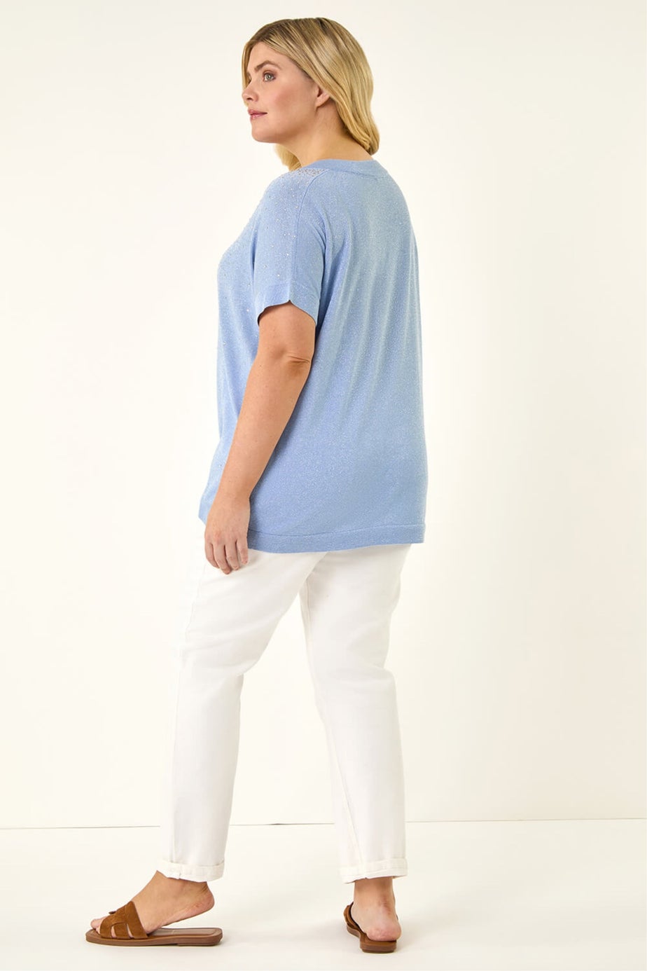 Roman Light Blue Curve Shimmer Hotfix Knit Top