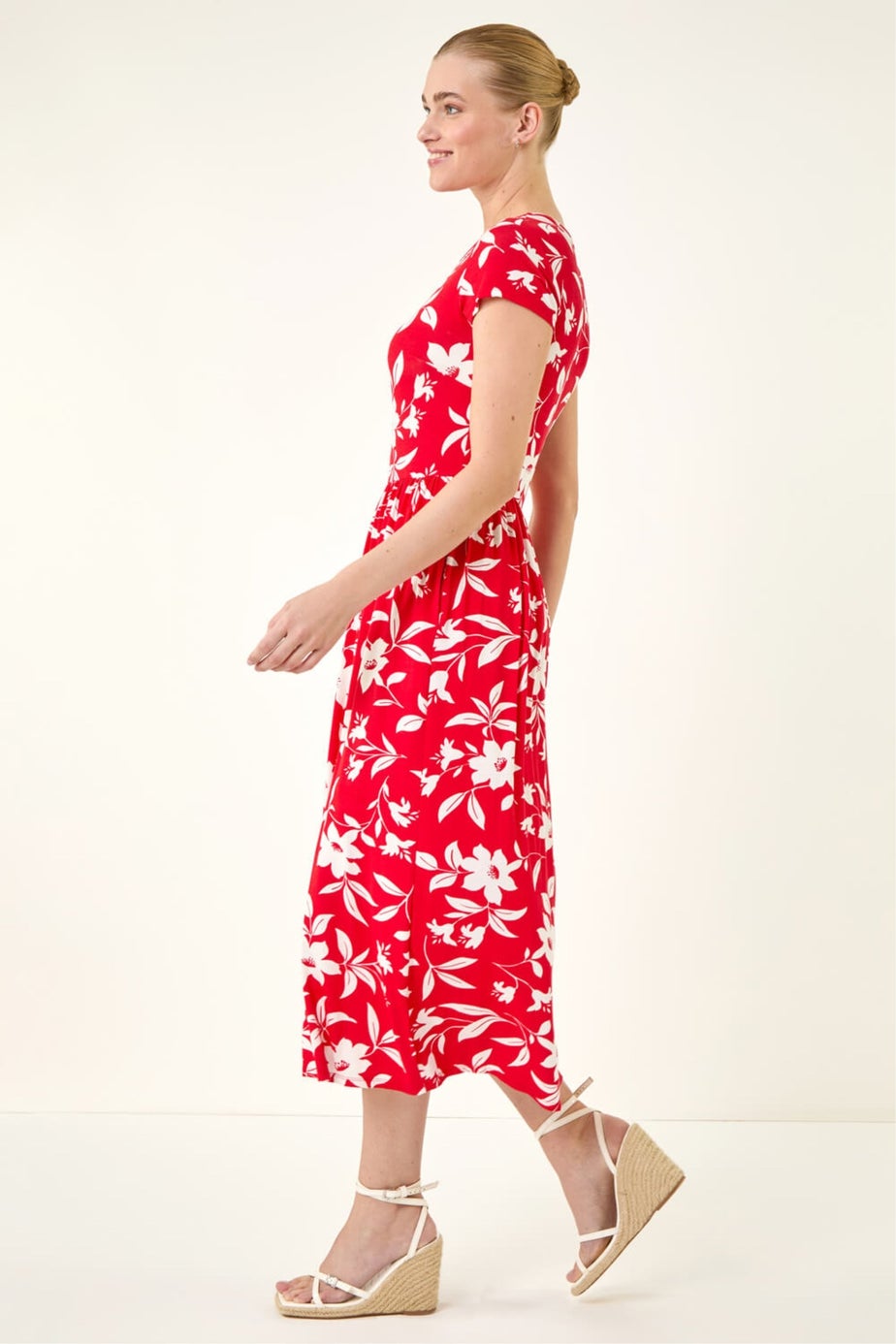Roman Red Floral Print Pocket Midi Dress