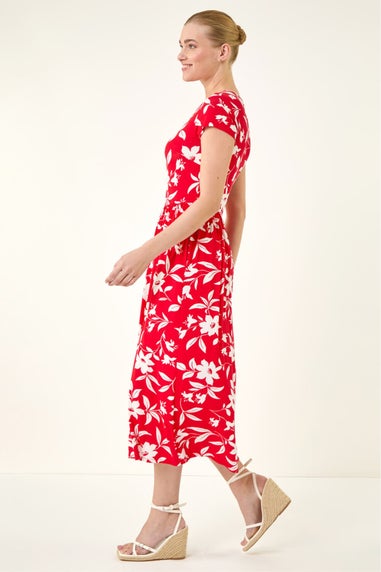 Roman Red Floral Print Pocket Midi Dress
