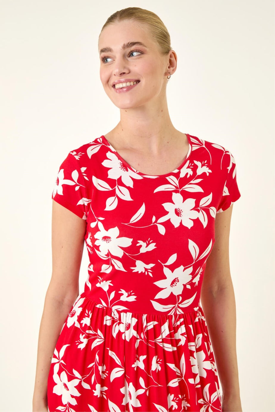 Roman Red Floral Print Pocket Midi Dress