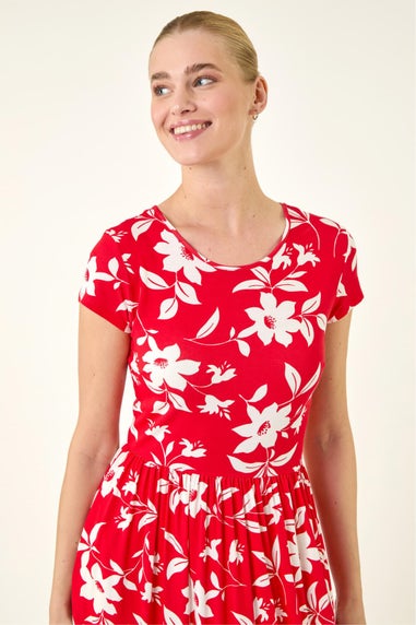 Roman Red Floral Print Pocket Midi Dress