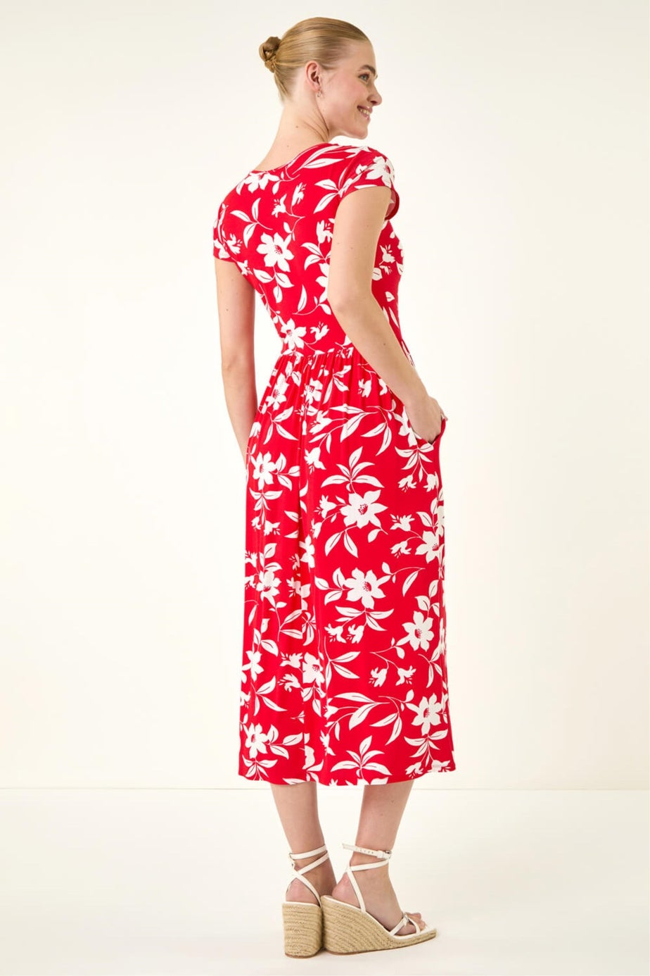 Roman Red Floral Print Pocket Midi Dress