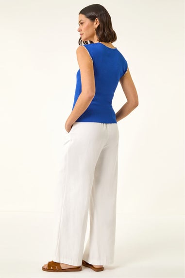 Roman Blue Faux Pearl Trim Top