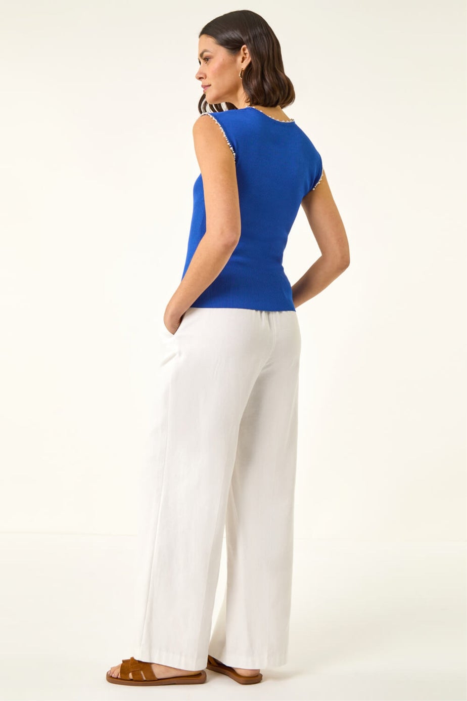 Roman Blue Faux Pearl Trim Top