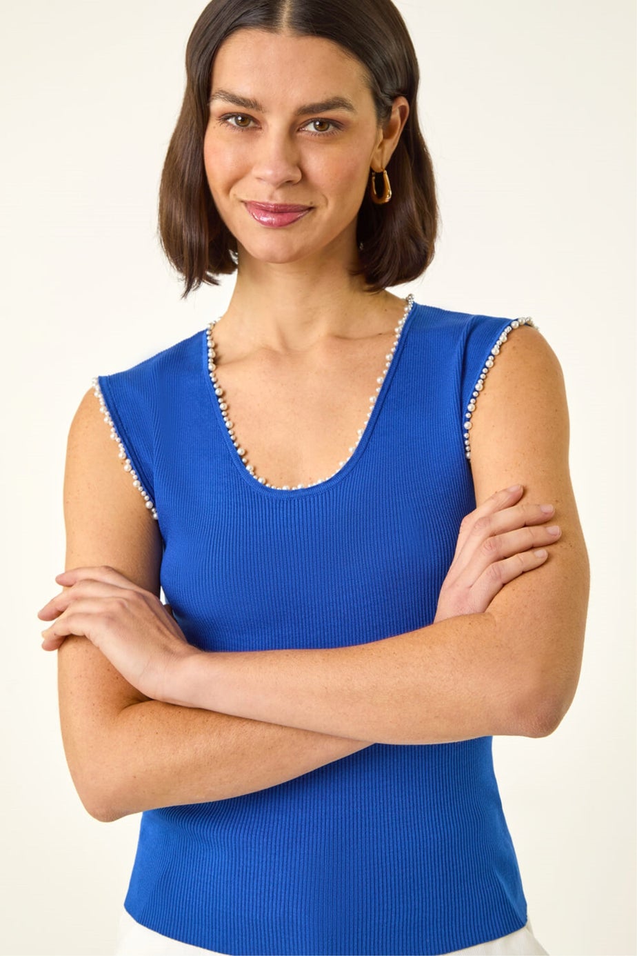 Roman Blue Faux Pearl Trim Top