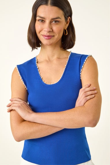 Roman Blue Faux Pearl Trim Top