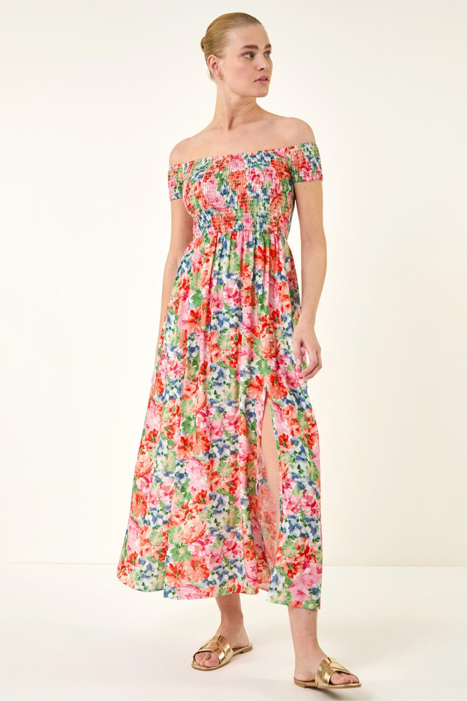 Roman Pink Floral Print Bardot Shirred Midi Dress