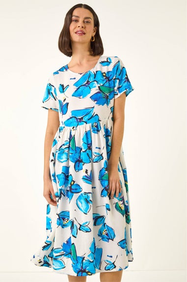 Roman Blue Floral Smock Midi Dress