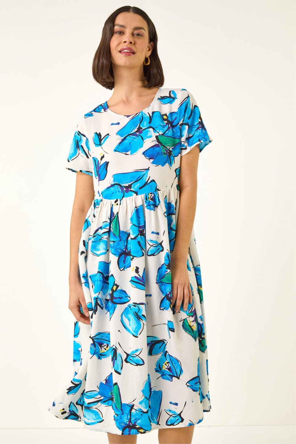 Roman Blue Floral Smock Midi Dress