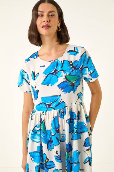 Roman Blue Floral Smock Midi Dress