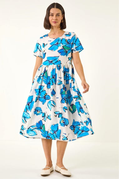 Roman Blue Floral Smock Midi Dress