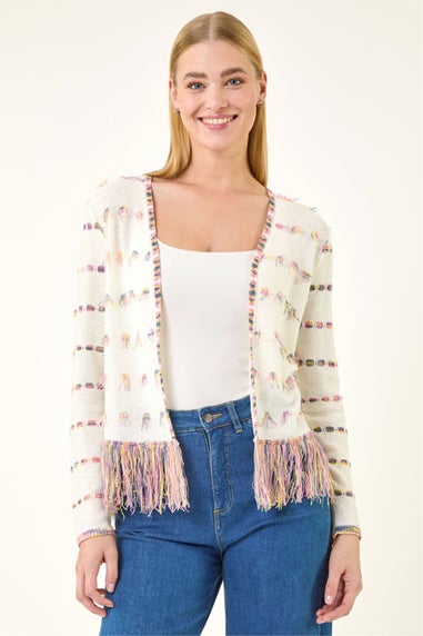 Roman Ivory Fringe Light Knit Cardigan