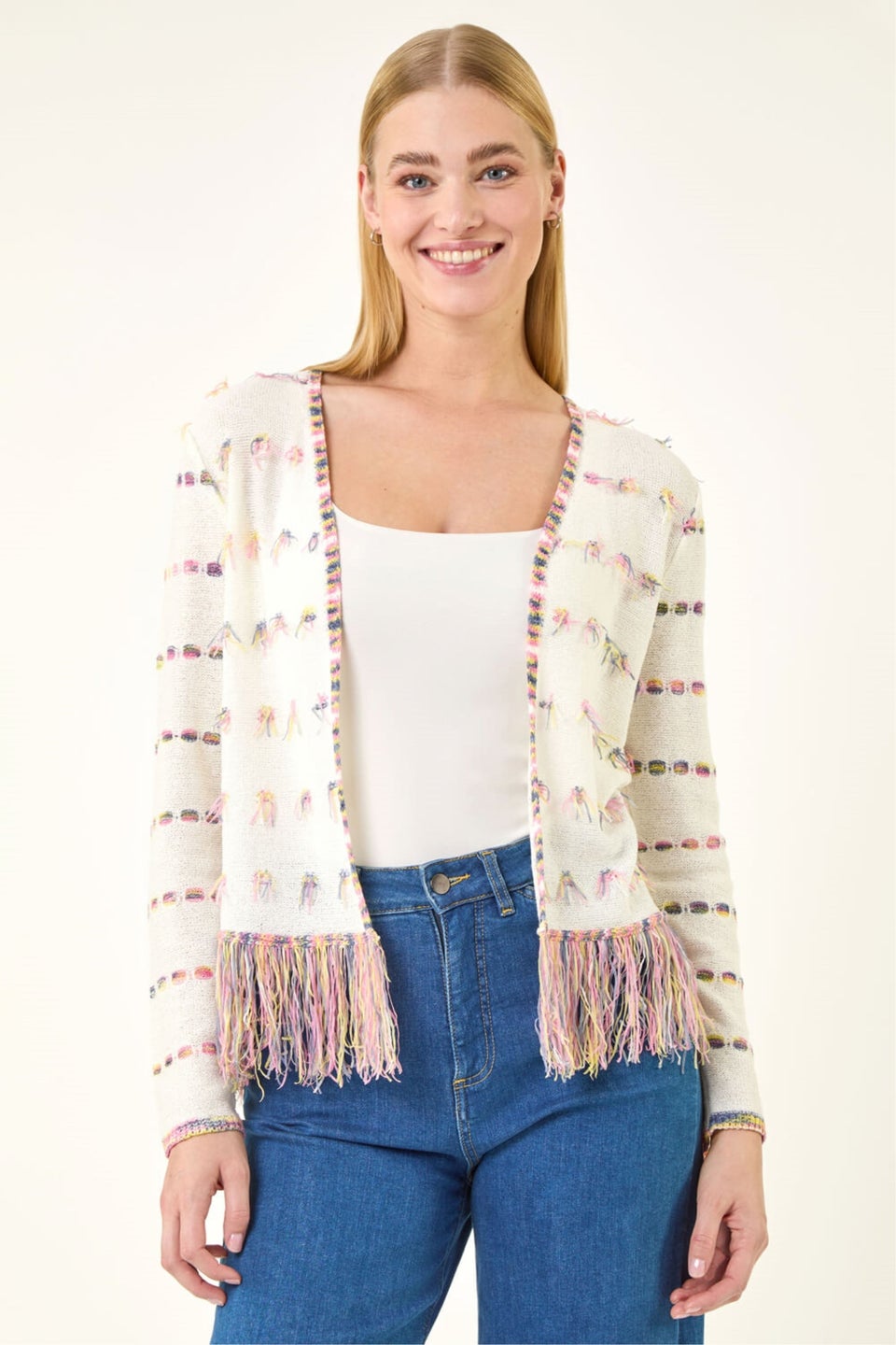 Roman Ivory Fringe Light Knit Cardigan