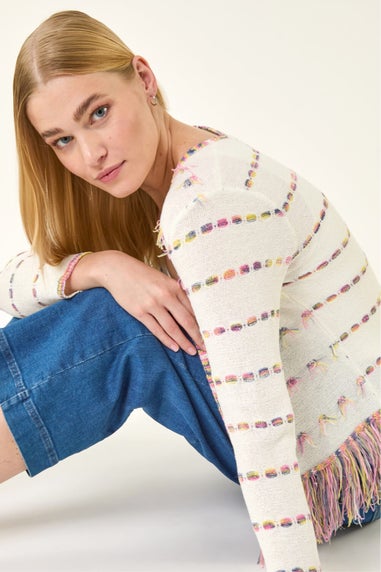 Roman Ivory Fringe Light Knit Cardigan