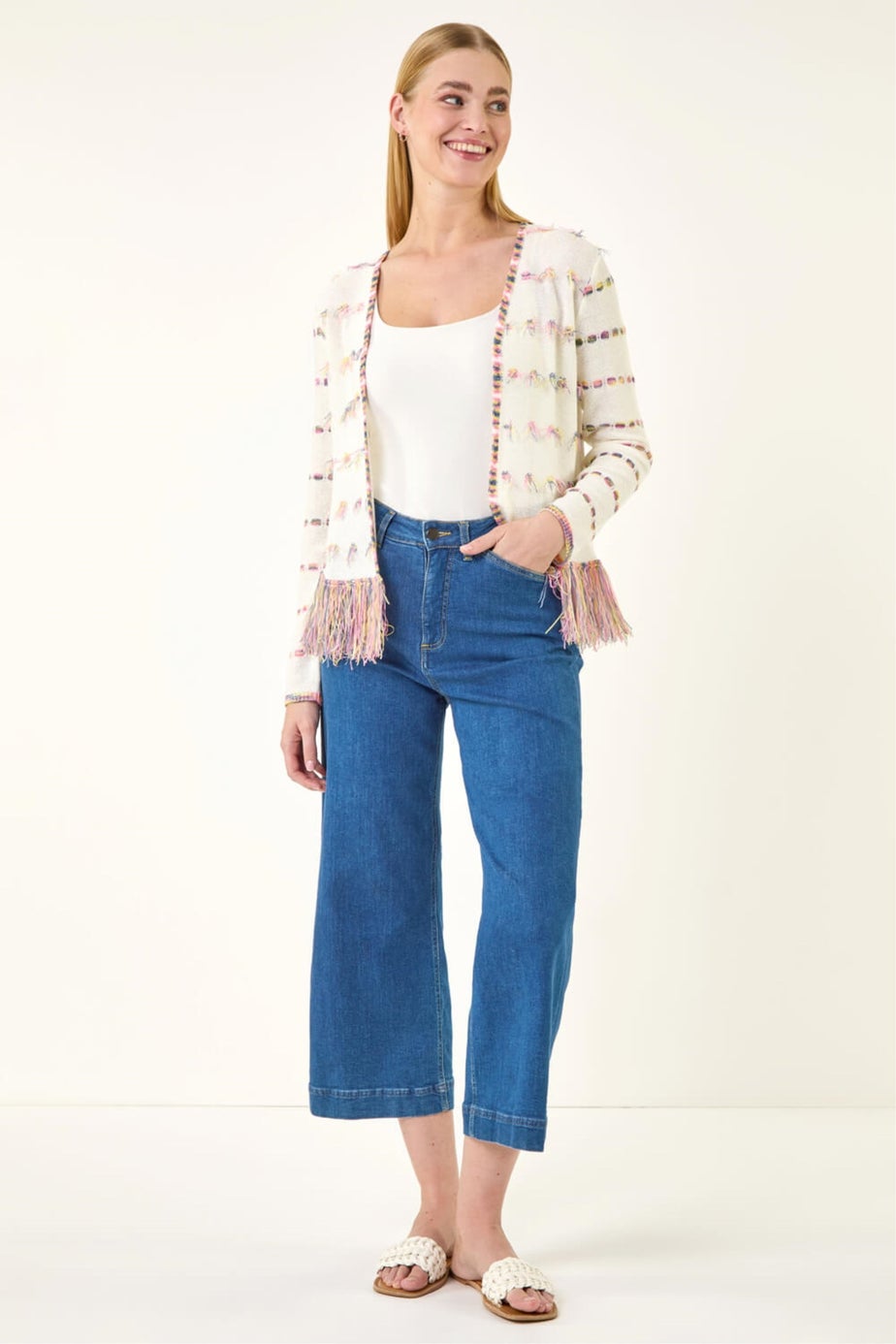 Roman Ivory Fringe Light Knit Cardigan