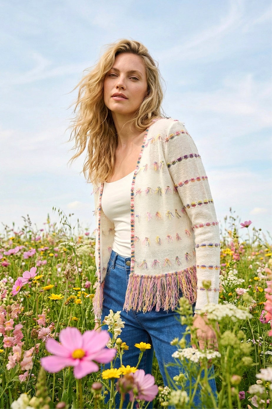 Roman Ivory Fringe Light Knit Cardigan