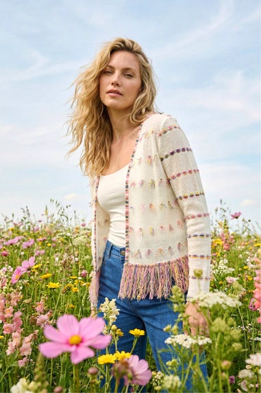 Roman Ivory Fringe Light Knit Cardigan