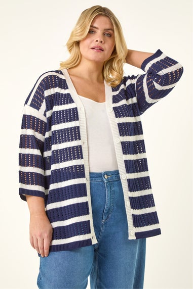 Roman Navy Curve Stripe Crochet Knit Cardigan
