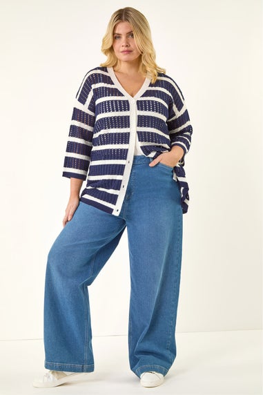 Roman Navy Curve Stripe Crochet Knit Cardigan