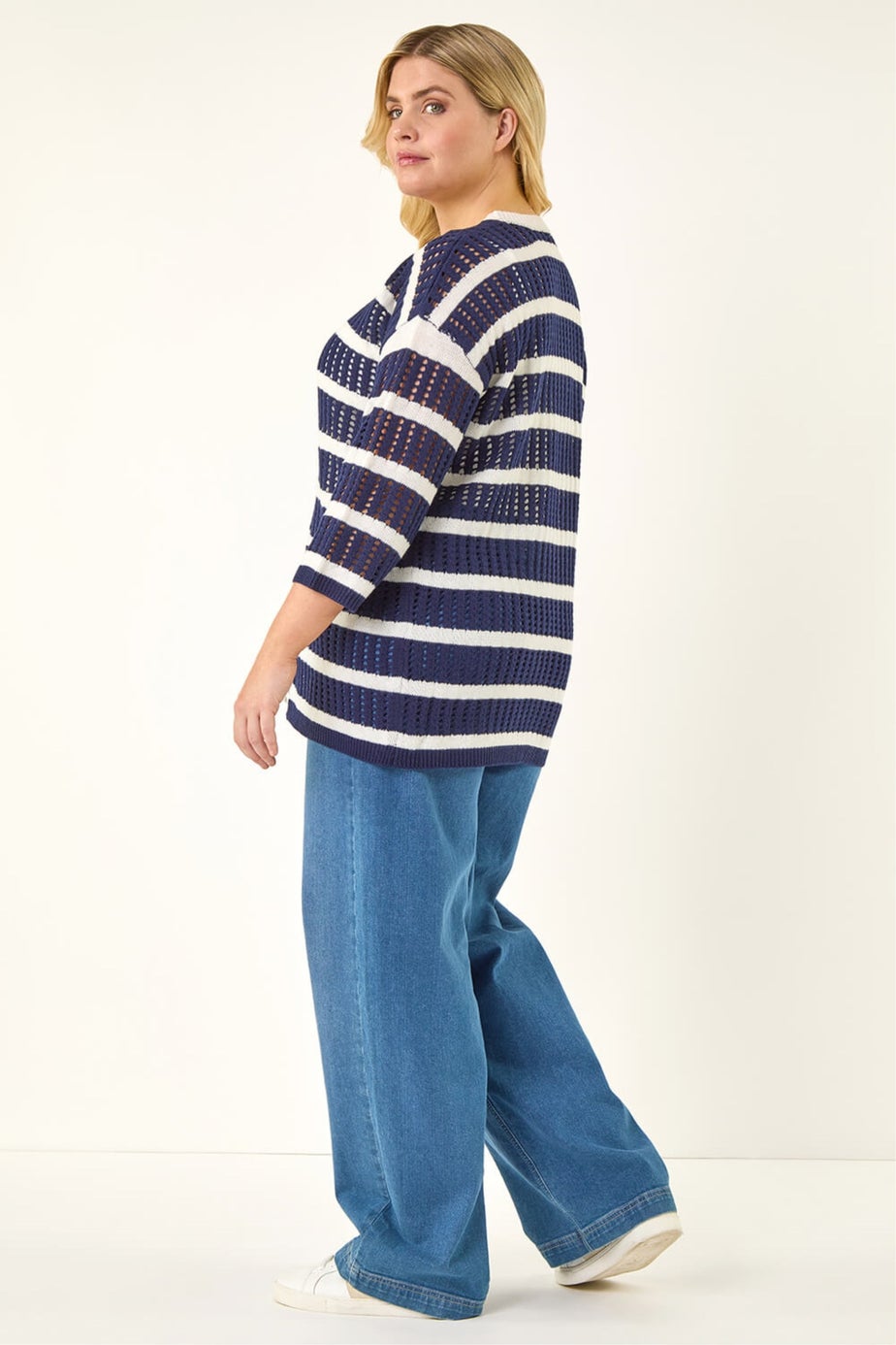 Roman Navy Curve Stripe Crochet Knit Cardigan