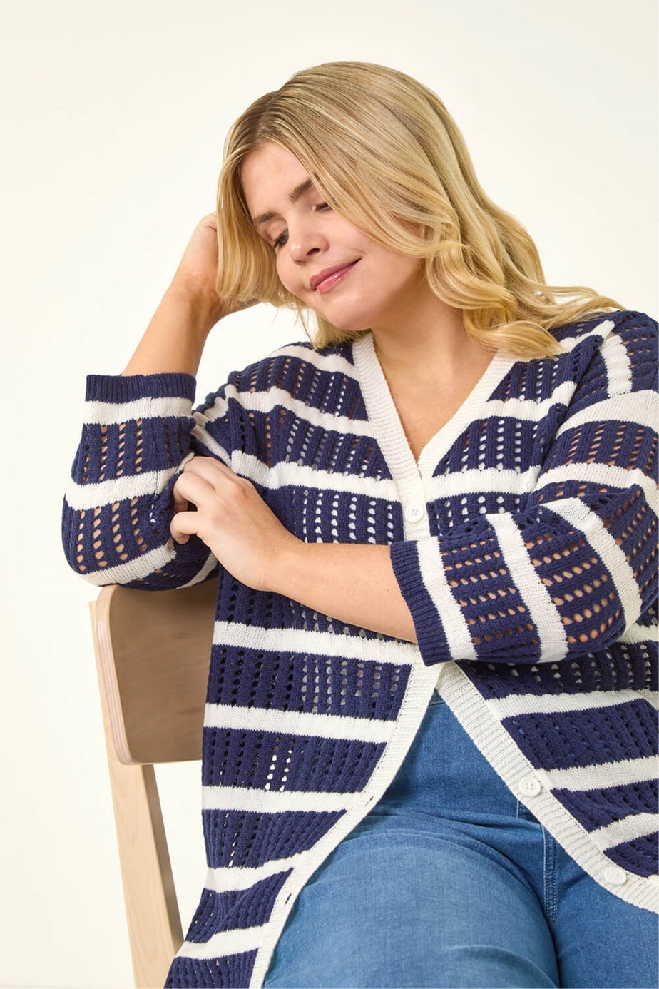 Roman Navy Curve Stripe Crochet Knit Cardigan