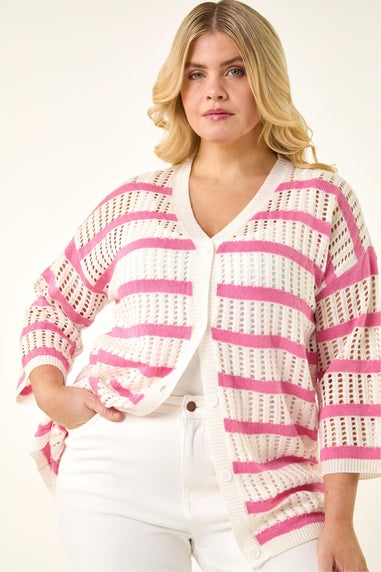 Roman Pink Curve Stripe Crochet Knit Cardigan