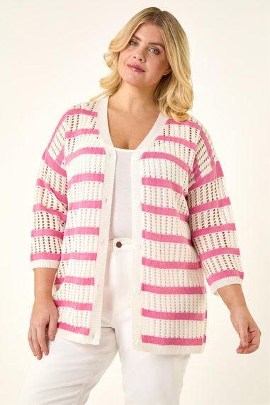 Roman Pink Curve Stripe Crochet Knit Cardigan