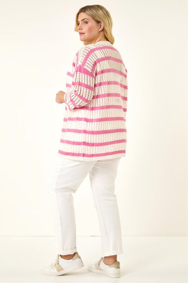 Roman Pink Curve Stripe Crochet Knit Cardigan