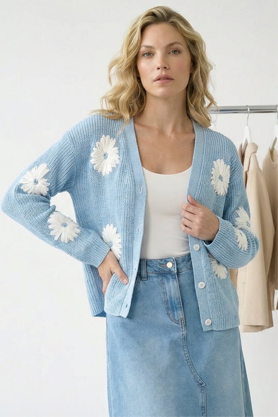 Roman Light Blue Daisy Detail Knit Cardigan