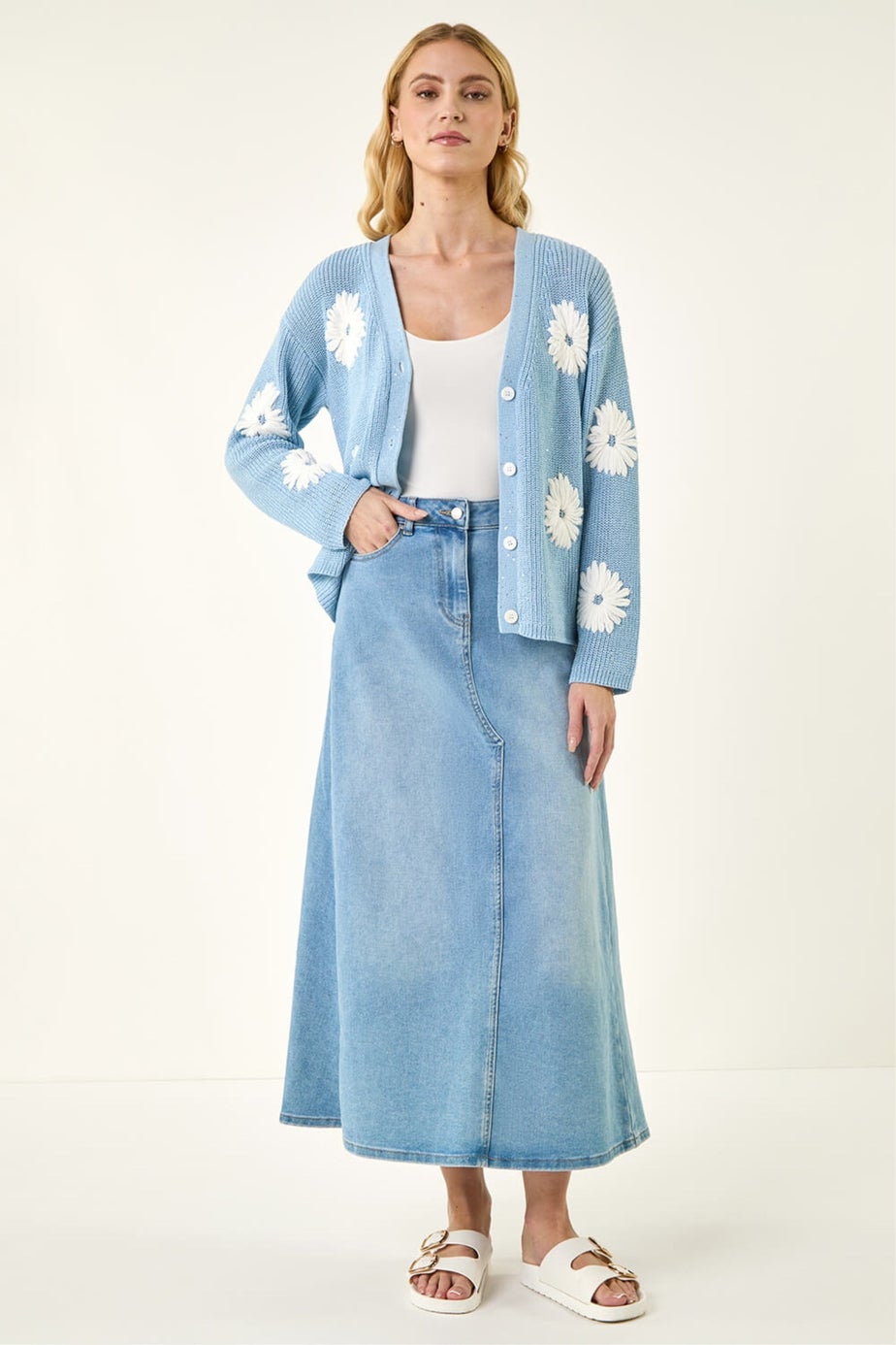 Roman Light Blue Daisy Detail Knit Cardigan