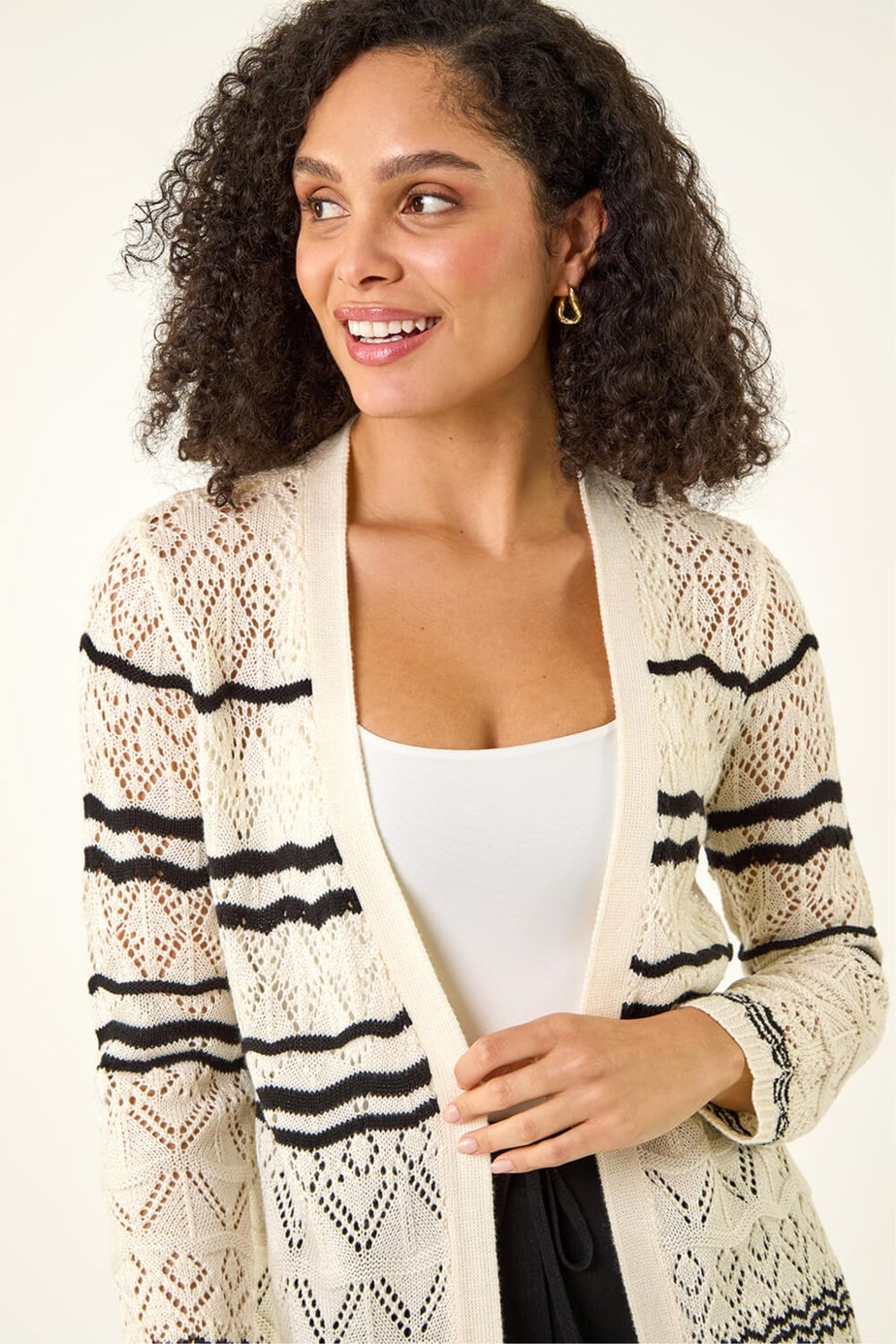 Roman Ivory Wave Stripe Longline Knit Cardigan
