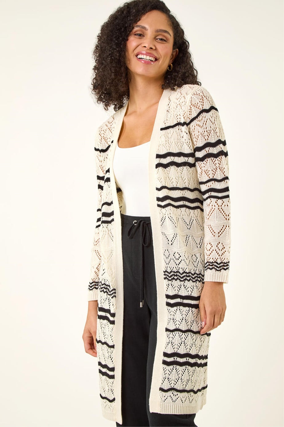 Roman Ivory Wave Stripe Longline Knit Cardigan