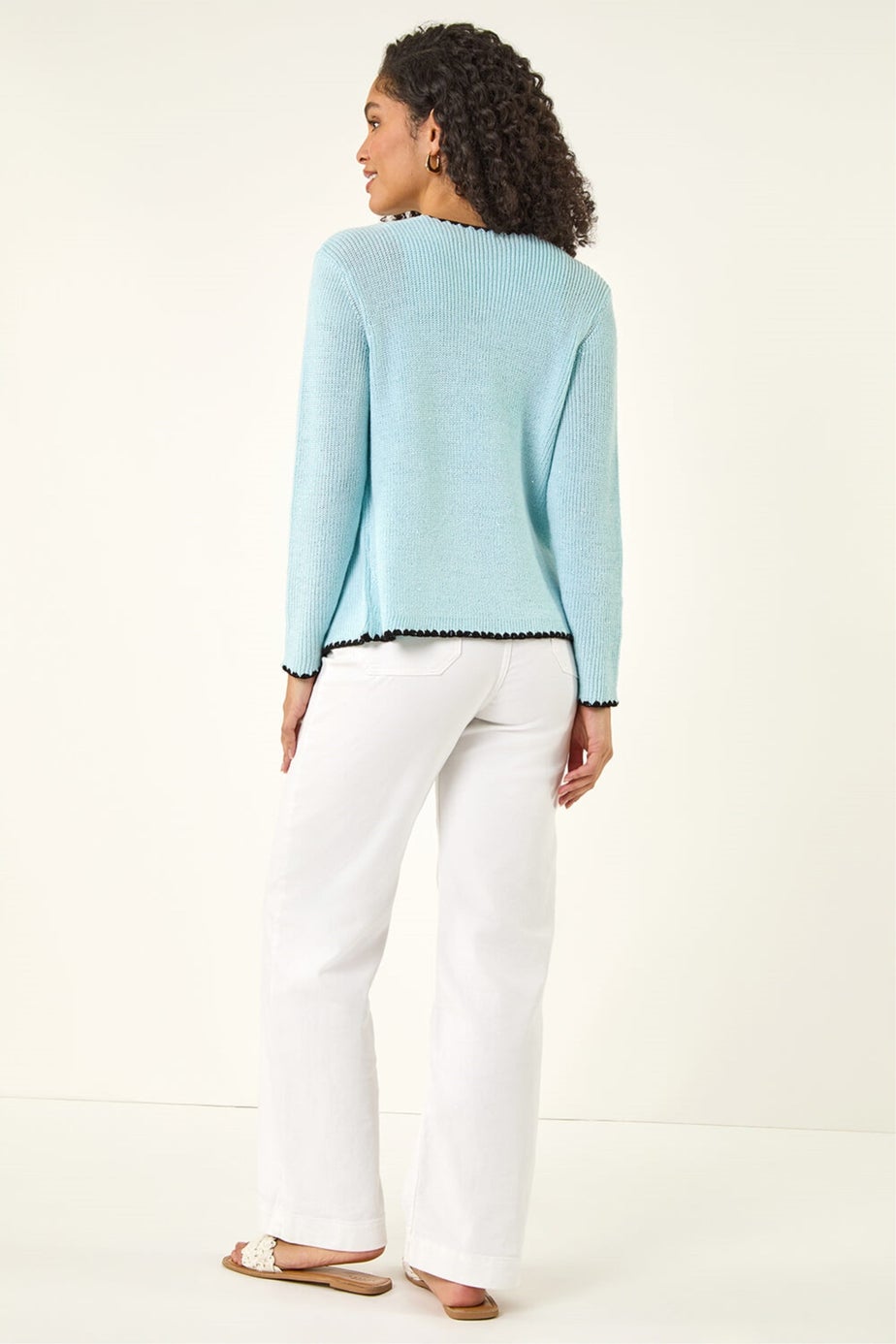 Roman Light Blue Sequin Detail Trim Knit Cardigan