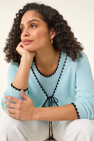 Roman Light Blue Sequin Detail Trim Knit Cardigan