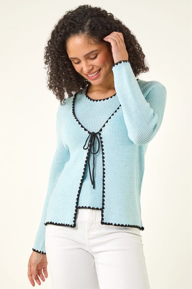 Roman Light Blue Sequin Detail Trim Knit Cardigan