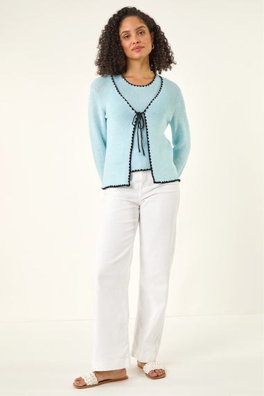 Roman Light Blue Sequin Detail Trim Knit Cardigan