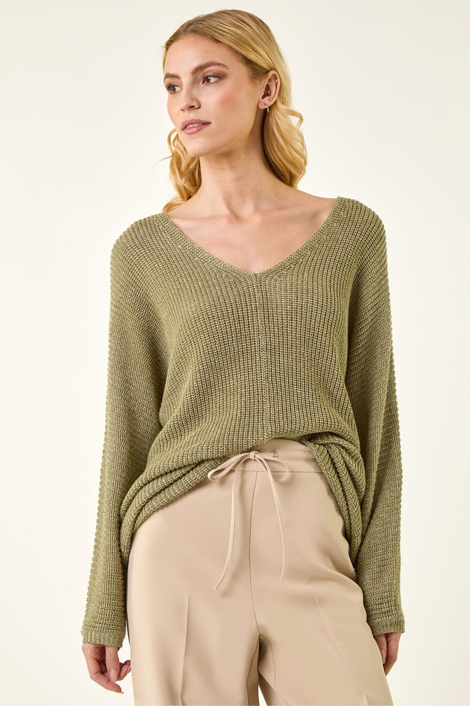 Roman Khaki Textured V-Neck Boyfriend Jumper