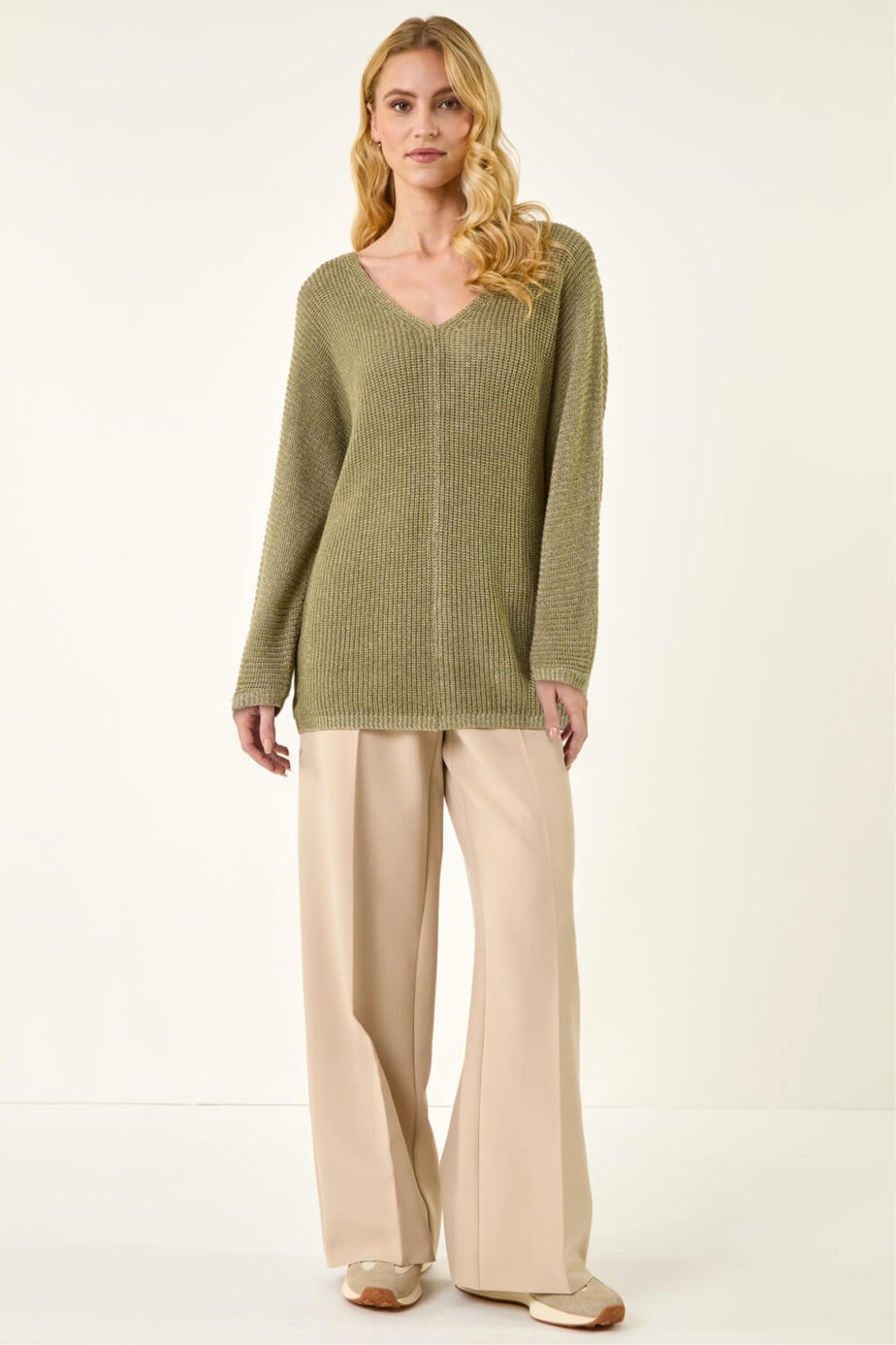 Roman Khaki Textured V-Neck Boyfriend Jumper