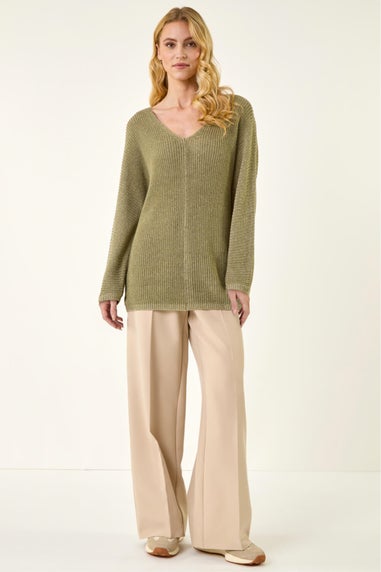 Roman Khaki Textured V-Neck Boyfriend Jumper