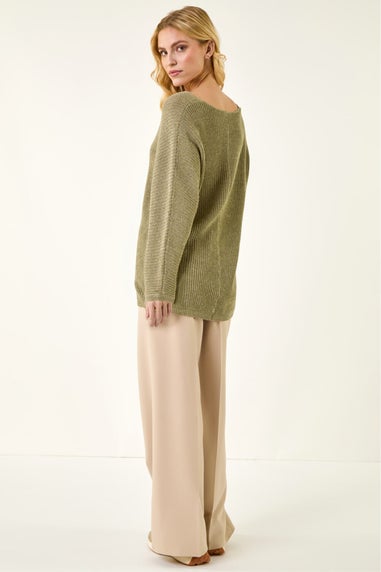 Roman Khaki Textured V-Neck Boyfriend Jumper
