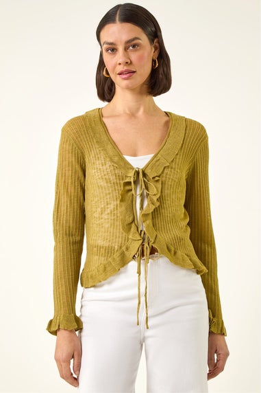 Roman Olive Pointelle Frill Tie Front Top