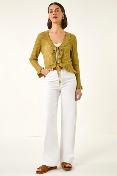 Roman Olive Pointelle Frill Tie Front Top