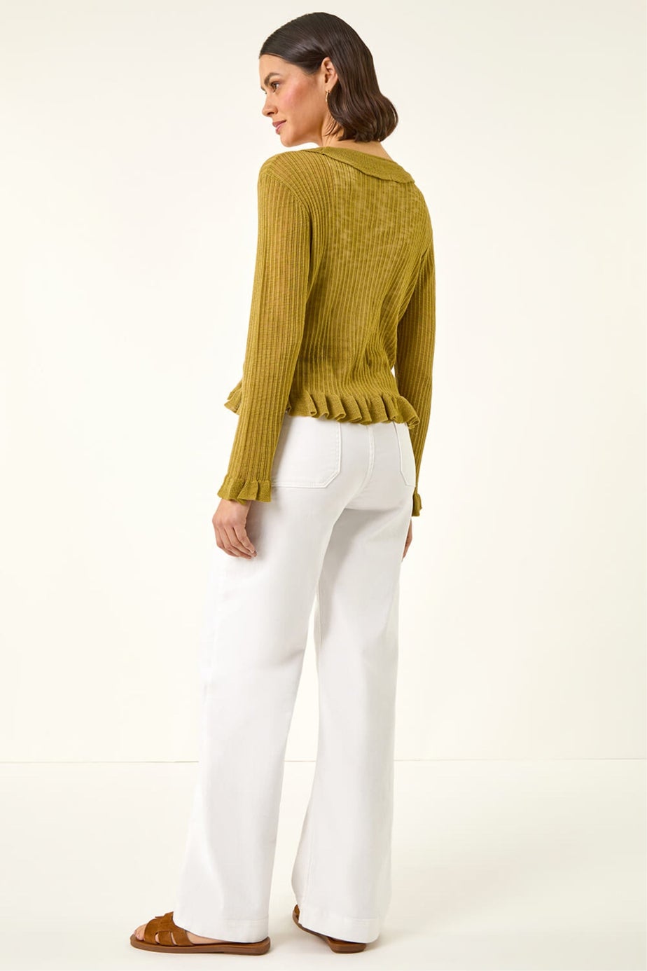 Roman Olive Pointelle Frill Tie Front Top