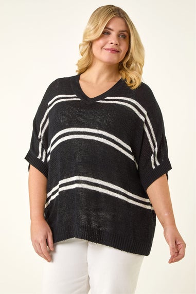 Roman Black Curve Stripe V-Neck Knit Jumper